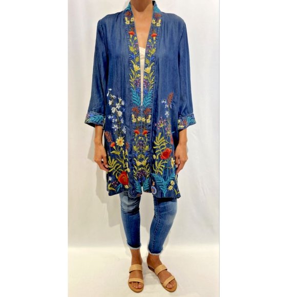 Johnny Was Kimono Long Provence Coat Denim Blue Embroidery Jacket Floral NEW - Picture 5 of 8